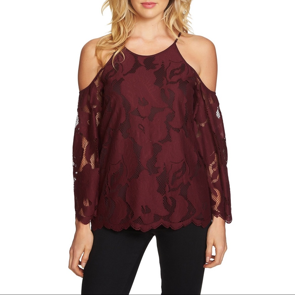1. STATE Cold Shoulder Lace Burgundy Top